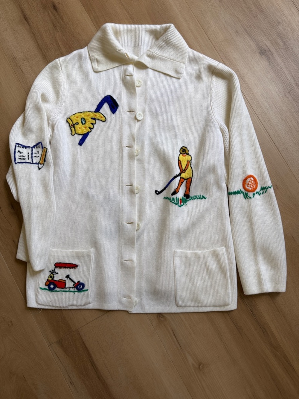 Cream Knit Button-Up Cardigan with Golf Embroidered Motifs